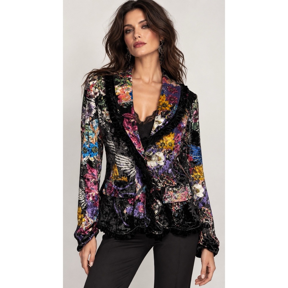 Alberto Makali Crushed Velvet Blazer Jacket Floral Gothic Witchy  Art To Wear XL